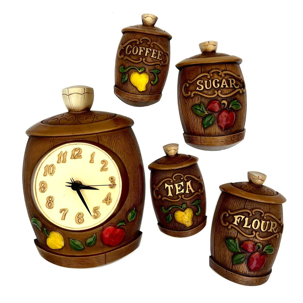 Vintage 1967 Sexton Kitchen Clock Tea Coffee Sugar Flour Canister Wall Decor Set